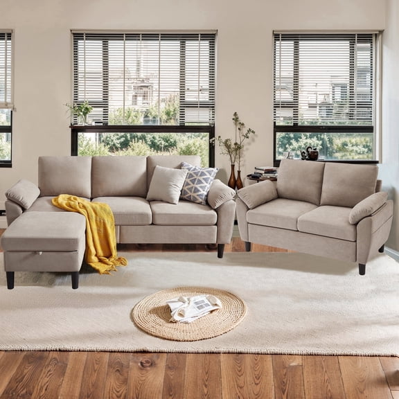 Pingliang Home Modern Sectional Sofa Couch with Storage Ottoman and Loveseat,Double Seater Couch and 3 Seater L Shaped Couch with Side Pockets for Home Living Room Apartment Office Studio