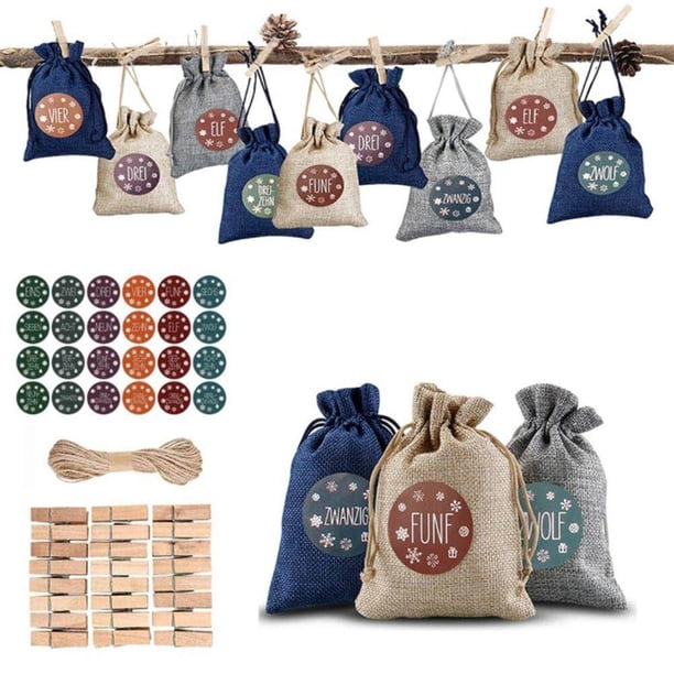 Juego de 24 bolsas de relleno para calendario de Adviento de Navidad, bolsas de regalo de Navidad con pegatinas de números de Adviento de 1 a 24 para pared, ventana, árbol de Navidad
