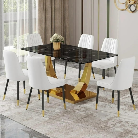 SUDICA 63" Dining Table Set, Black Faux Marble Glass Top, White PU Leather Chairs, Set of 6