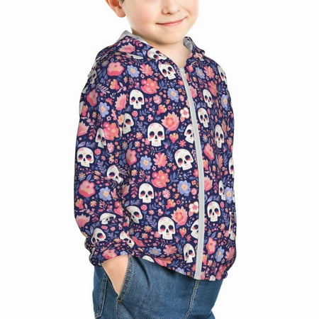 

Uemuo white Skull Flower Pattern Rash Guard for Boys Girls Long Sleeve Swim Shirts UPF 50+ UV Sun Protection Hooded Fishing Shirt with Pocket for Kid-3 Years