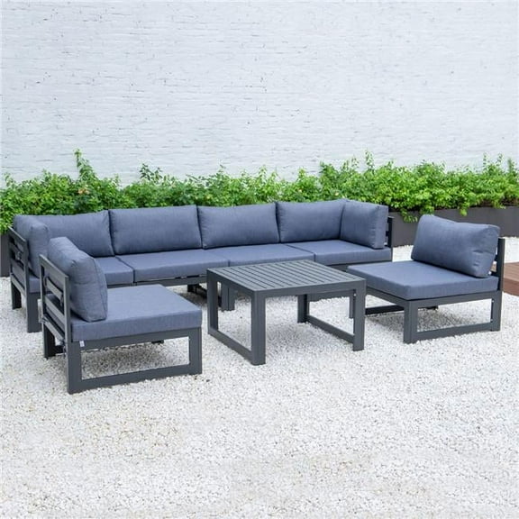 24.8 x 113.62 x 58.98 in. Chelsea 7 Piece Patio Sectional & Coffee Table Set with Black Aluminum Cushions, Blue