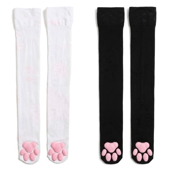 2 Pairs Cat Paw Thigh High Socks for Women Girls, 3D Soft Silicone Cat Toe Beans Kitten Claw Socks, Cosplay Over Knee Stockings, Black & White Set
