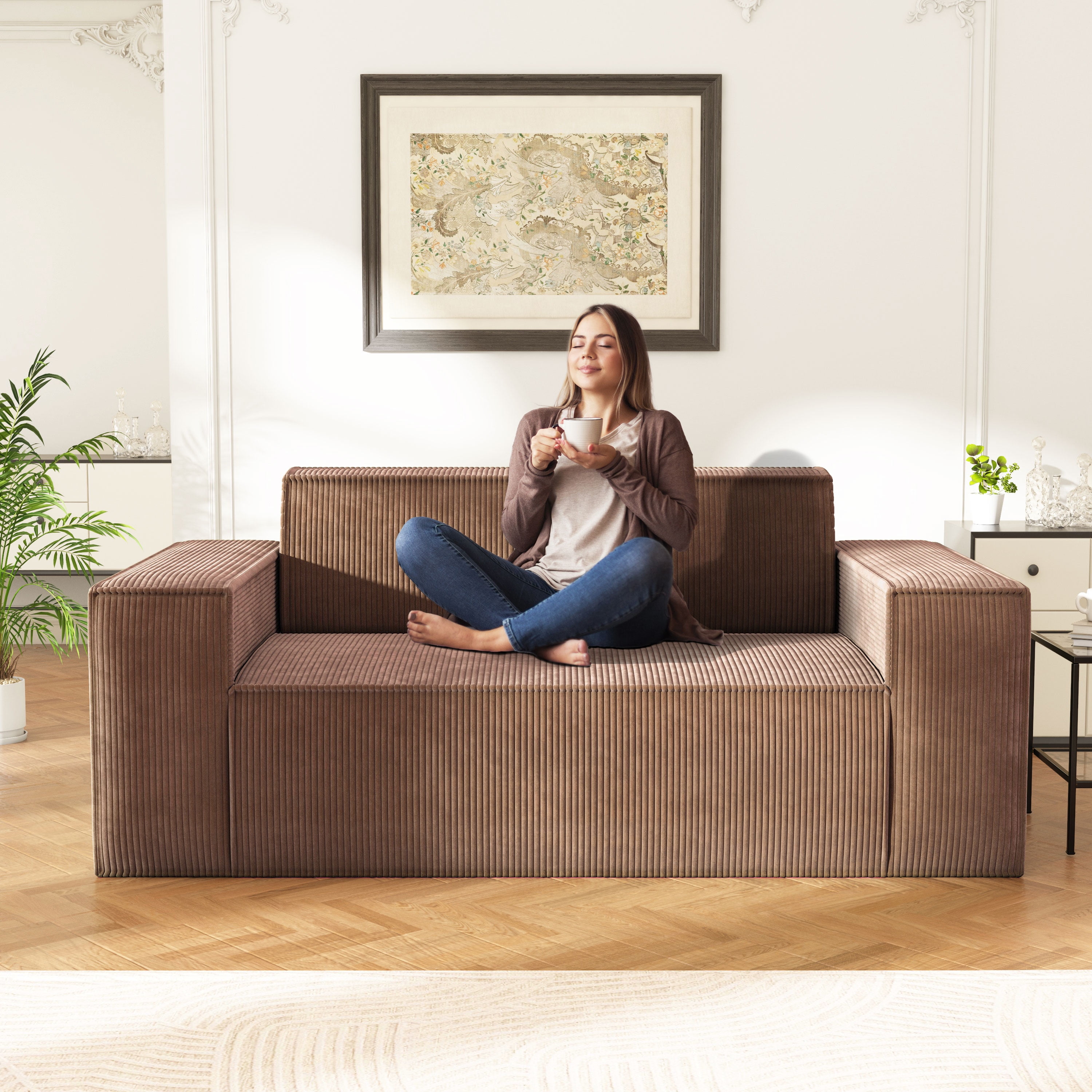 Traumliebe Sofa-in-a-Box Memory Foam 3-Seater Adult Deep with Corduroy Fabric Couch for Living Room,Brown