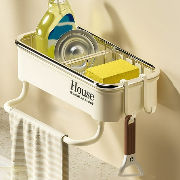 Estante de desagüe para el fregadero del baño de la cocina – Montado en la pared, acero inoxidable, organizador autodrenable, ganchos extraíbles, 26,5 cm, negro/gris/blanco