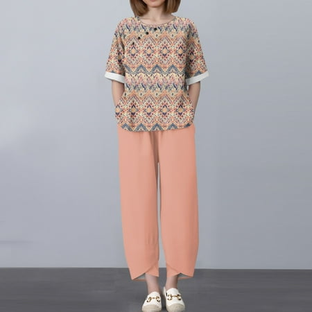 GXIPO Womens 2 Piece Cotton Linen Set Loose Fit 3/4 Sleeve Top and High Waist Pants with Pockets 2025 Trendy Summer Outfit Pink M