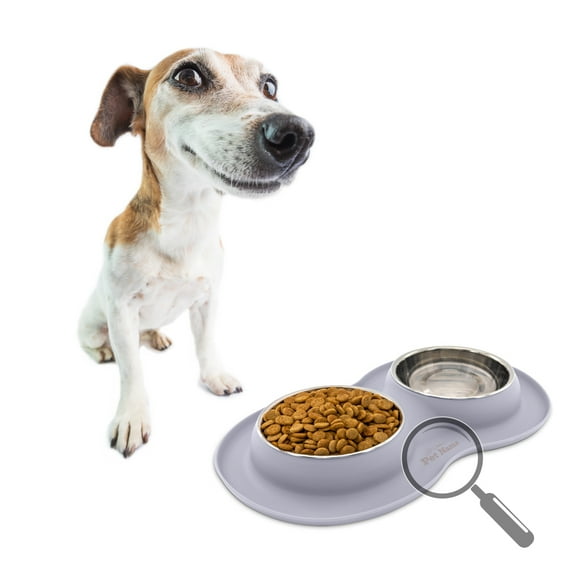 Plato doble chico KE WOOW Acero inoxidable Tapete de silicon 200ml para perro gato Color gris