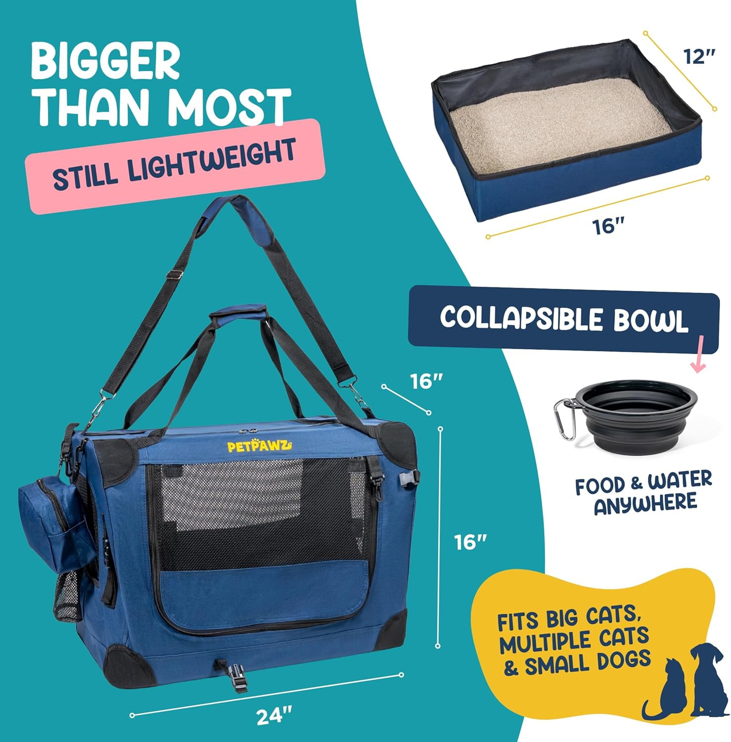 Soft  with Travel Litter Box & Collapsible Bowl - Large  & Small Dog Crate for Car, Vet Visits, Home