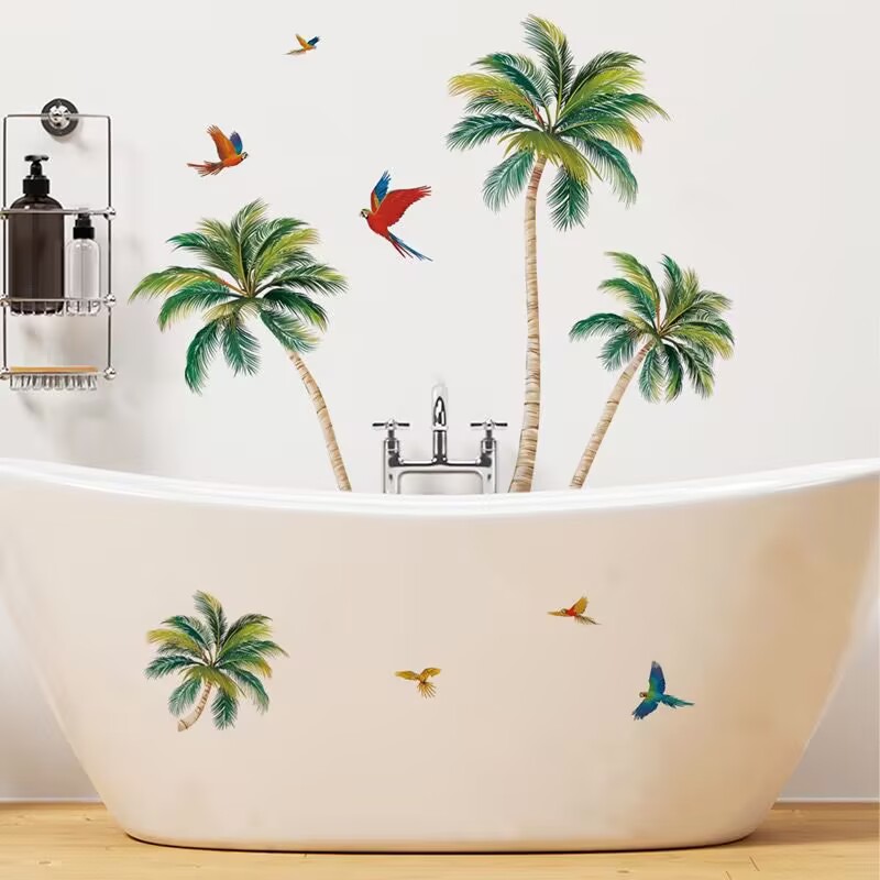 Palm Tree Wall Stickers Tropical Plants Birds Peel and Stick Wall Art Decals for Living Room Bedroom TV Wall