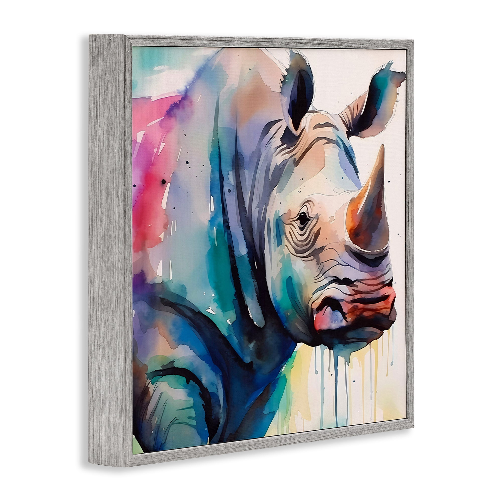 Stupell Industries Paint Drip Rhinoceros Animals & Insects Painting Gray Framed Art Print Wall Art, 12 x 12