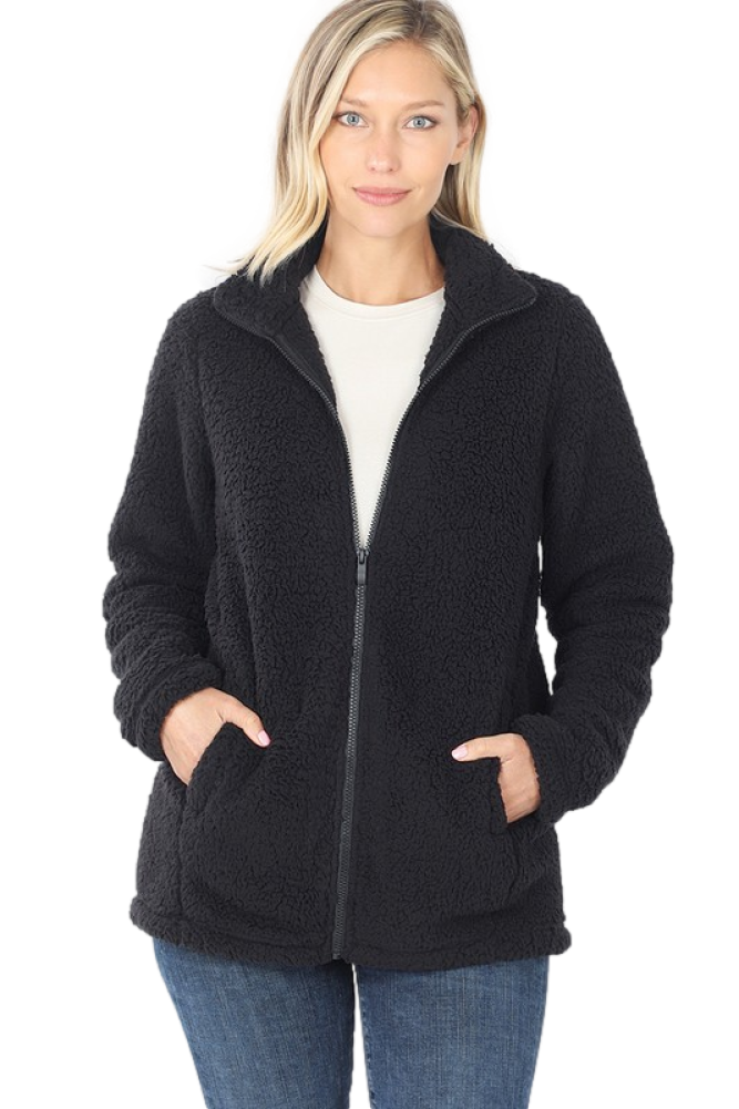 Soft Sherpa Zipper Front Jacket Faux Shearling (Medium, Black), Medium
