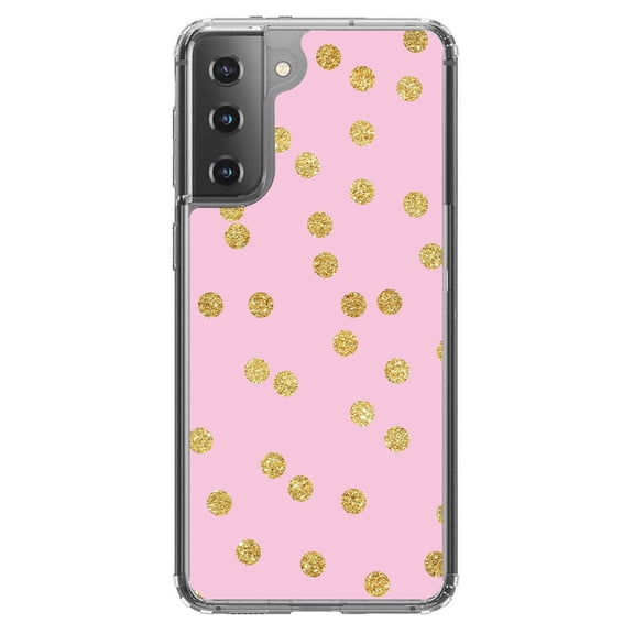 DistinctInk Clear Shockproof Hybrid Case for Galaxy S21 5G (6.2" Screen) - TPU Bumper, Acrylic Back, Tempered Glass Screen Protector - Pink & Gold Print - Polka Dots Pattern