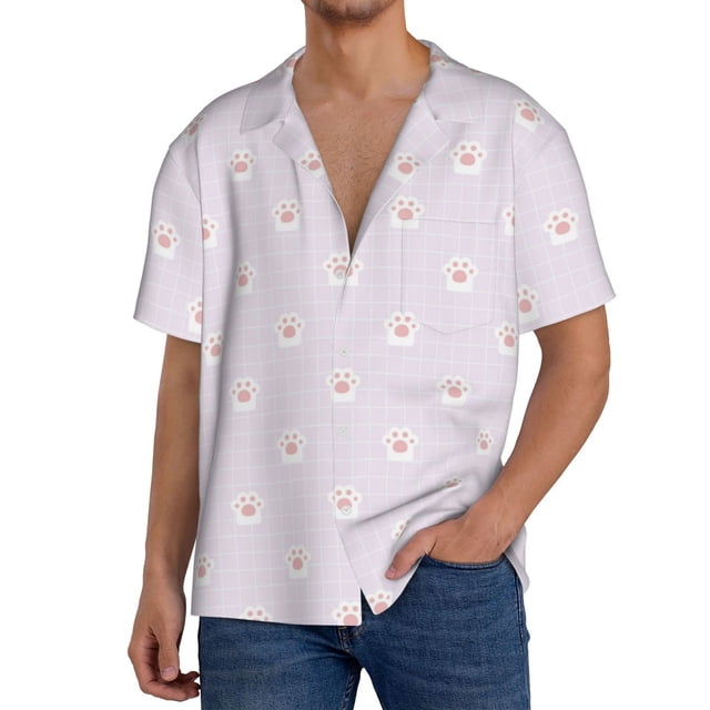 Fotbe Kawaii Cat Paw Camisa Estampada de Manga Corta para Hombre, Casual de Verano, Estilo Playero, Sin Arrugas-Small