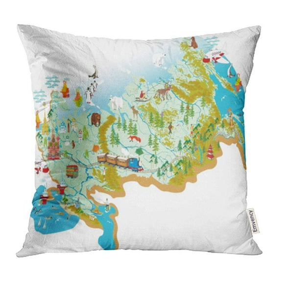 EREHome Cartoon Map of Russia with Symbol Moscow St Basil's Cathedral Petersburg Pillow Case Pillow Cover 16x16 inch Throw Pillow Covers