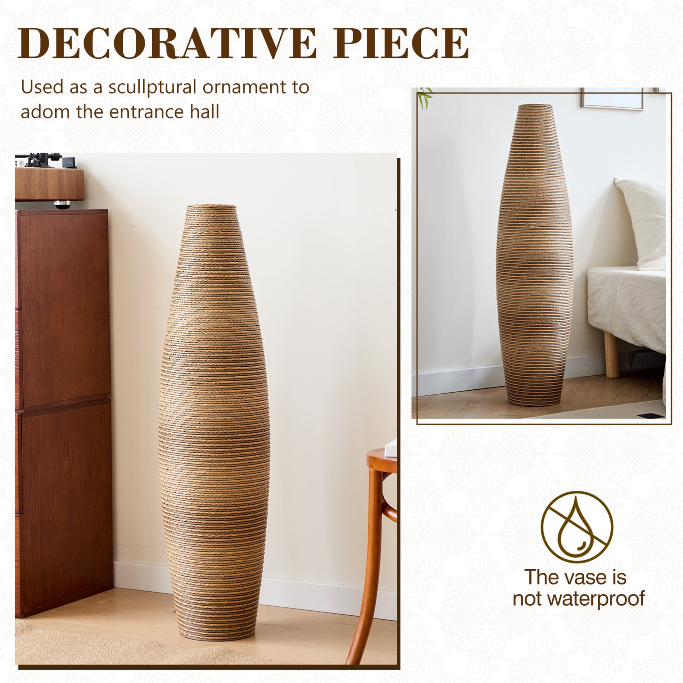 Noble House 39.37" Tall Handcrafted PVC Floor Vase, Rattan-Like Textured Decorative Vase, Beige
