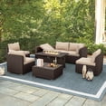 thumbnail image 3 of HOMREST 7 Pieces Outdoor Patio Furniture Set with 44" Propane Fire Pit Table, PE Rattan Sectional Sofa Conversation Set w/Adjustable Bracket,Wood Coffee Table for Backyard (Khaki), 3 of 10
