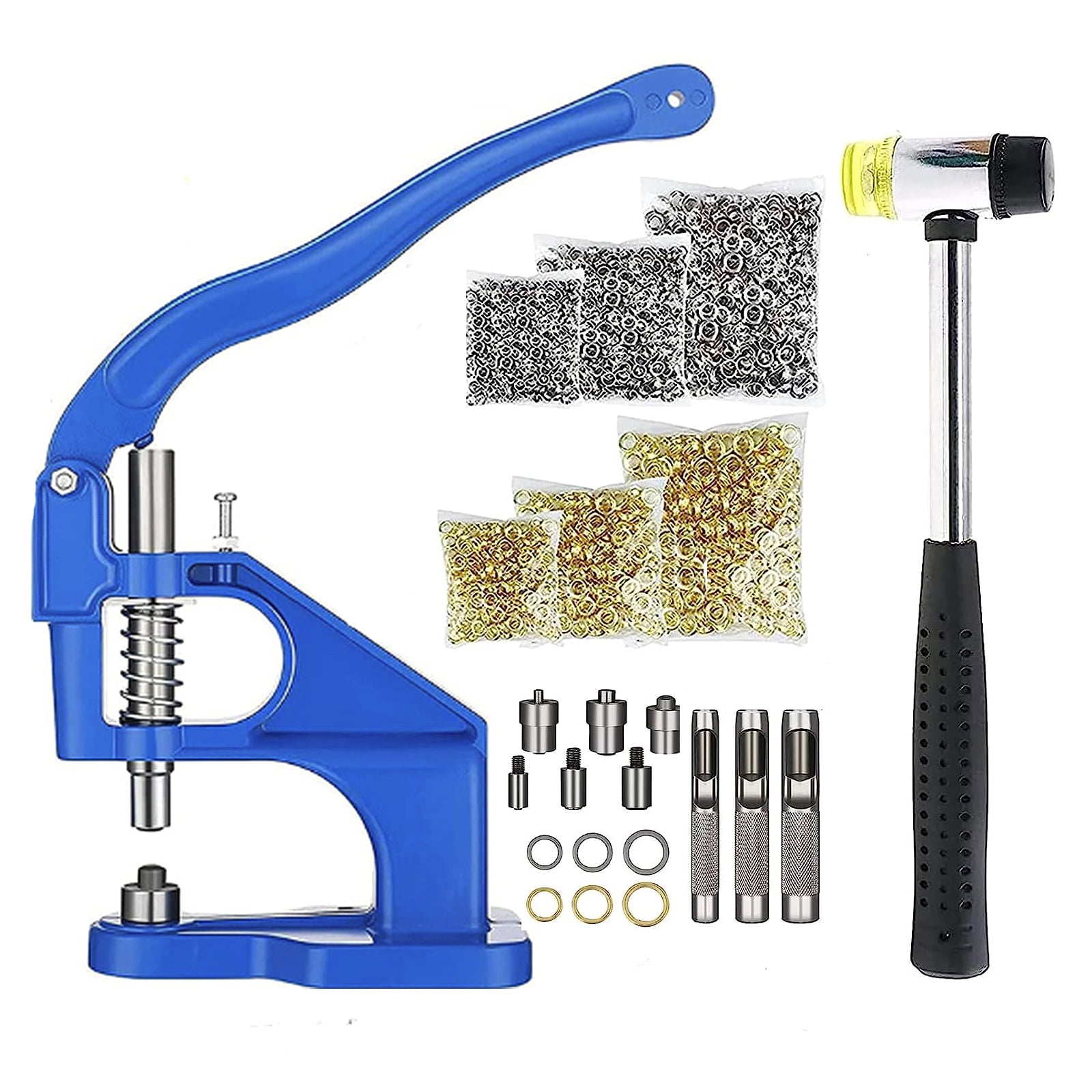 3000pcs Hand Press Grommet Machine, Heavy Duty Eyelet Grommet Machine Punch Tool Kit with Dies, Grommets, and Hammer for Snap Buttons, Rivets, Eyelets, and Pearls (Blue)