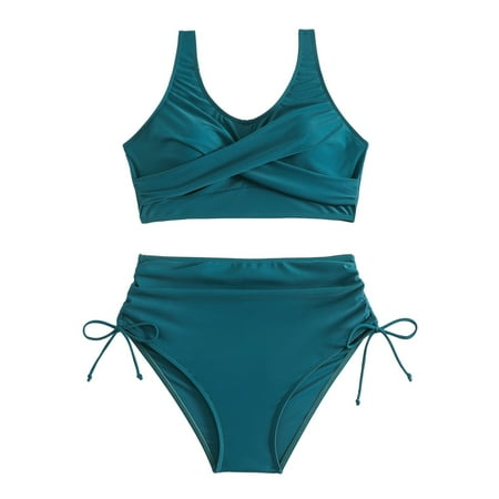 CAIVO Women Swimwear Bikini Swimsuit High Waist Front Gather Together Sexy 2PCS Swimsuit Boho Beach Vacation Summer Swim Wear