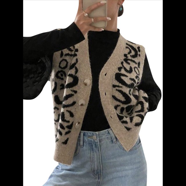 Chaleco de Punto con Botones de Leopardo para Mujer, Sin Mangas, con Estampado de Guepardo, para Oficina, Moderno y Elegante. Caqui M