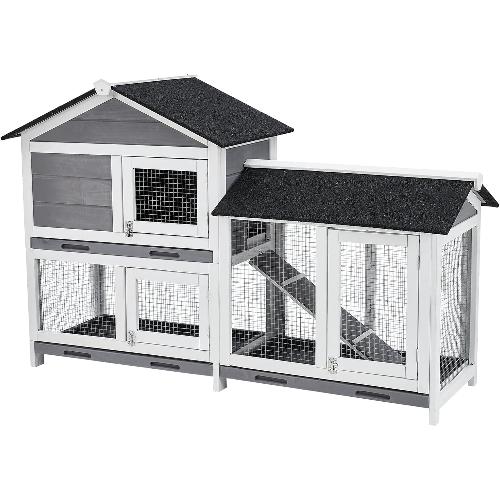 63" Two-Tier Bunny Hutch with Adjustable Design, Waterproof Roof & 3 Leak-Proof Trays – Indoor/Outdoor Wooden Rabbit Hutch and Chicken Coop, Eco-Friendly Painted Fir Wood