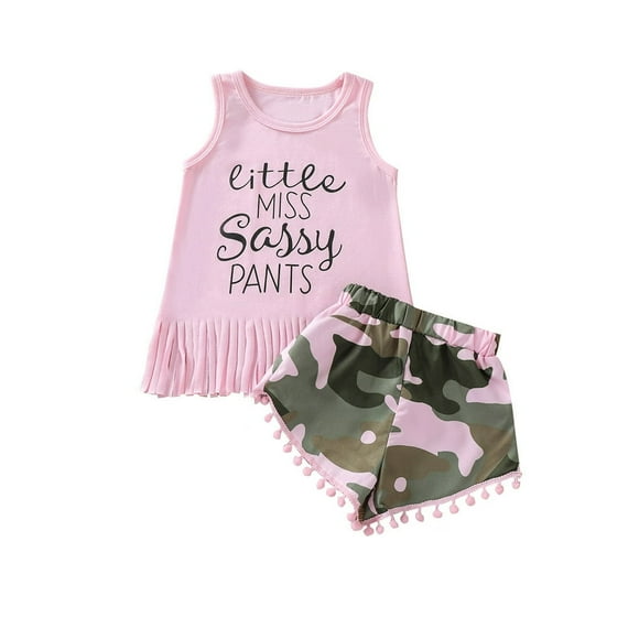 Baby Girls Little Miss Sassy Pants Letter Print Vest Tops Camo Shorts Pants Set