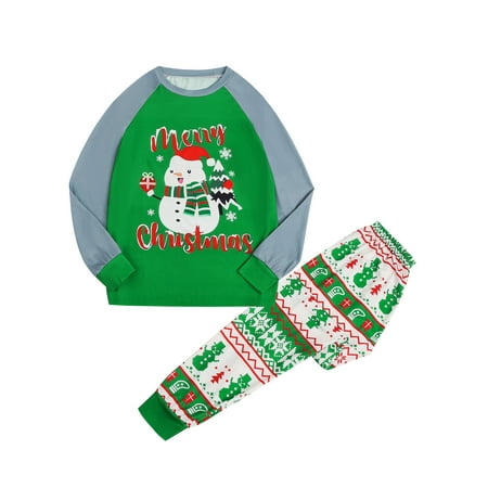 

Gureui Christmas Matching Family Pajamas Cartoon Snowman Printed Long Sleeve Patchwork Round Collar Tops + Elastic Long Pants Sleepwear Set/Jumpsuit for Adult Kid Baby