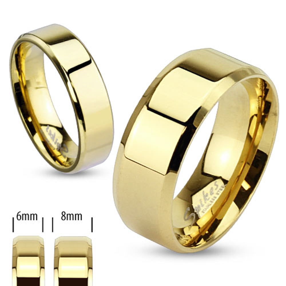 Mens 8mm Beveled Edge Wedding Band Yellow Gold Ion Plated Flat Brushed Center Design High Polished Comfort Fit Tungsten Carbide Anniversary Ring 