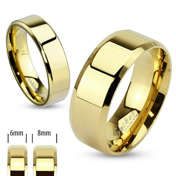 14K Gold Ion Plated Stainless Steel Beveled Edge Flat Wedding Band Ring Width 6mm Size 10