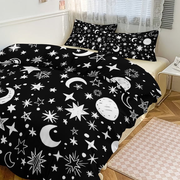 3 Pcs Soft Bedding Set, Includes 1 Duvet Cover with Zipper And 2 Pillow Shams,Moons And Stars Black And White Twin(86"x70")