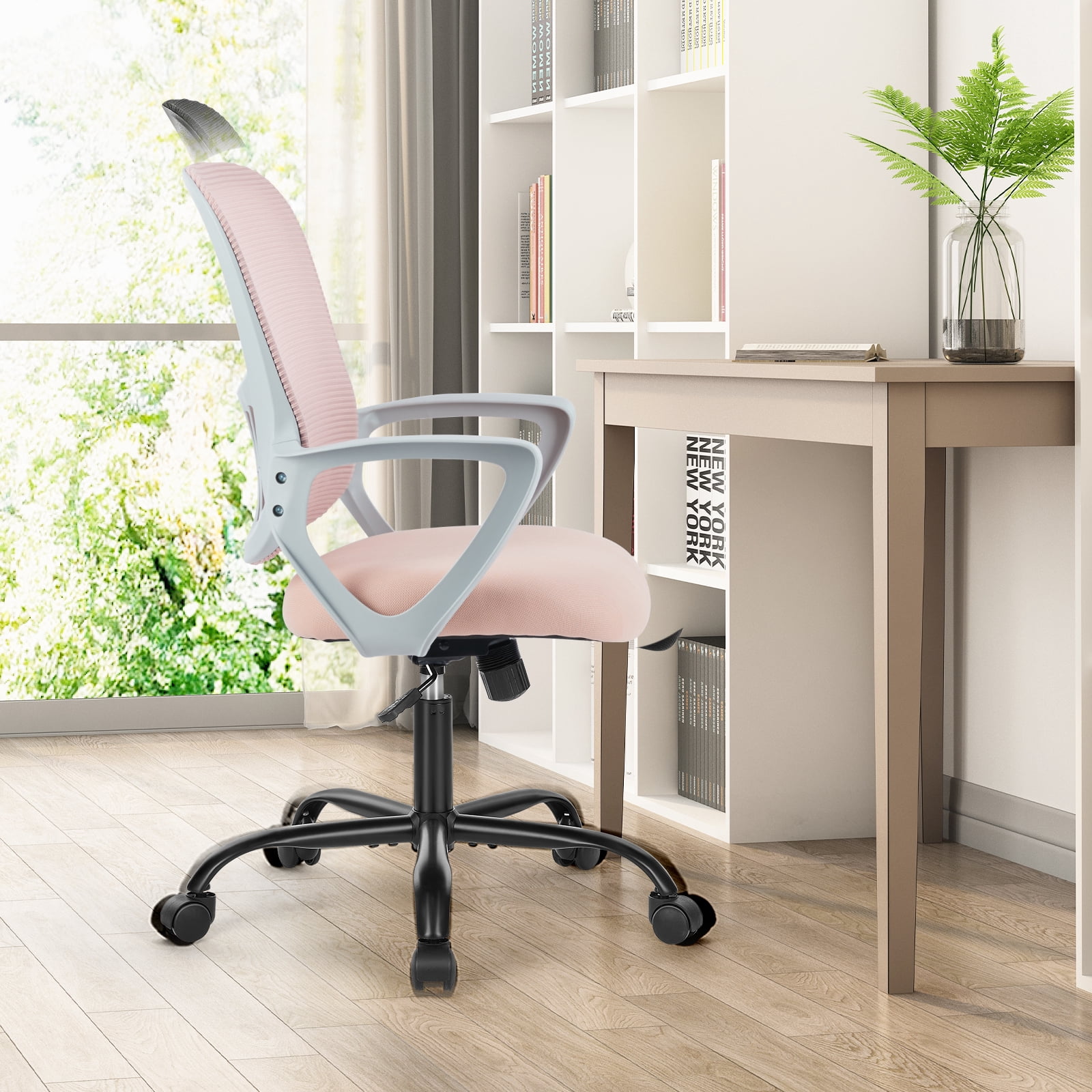 JOINSUN Ergonomic Mesh Office Chair with Armrests, Wheels, Mid-Back, Lumbar Support for Home, Pink