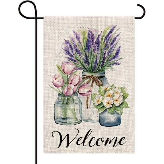 Welcome Mason Jar Floral Flower Blooms Double Sided Burlap Spring Garden Flag Outdoor Yard Flag 12" x 18"