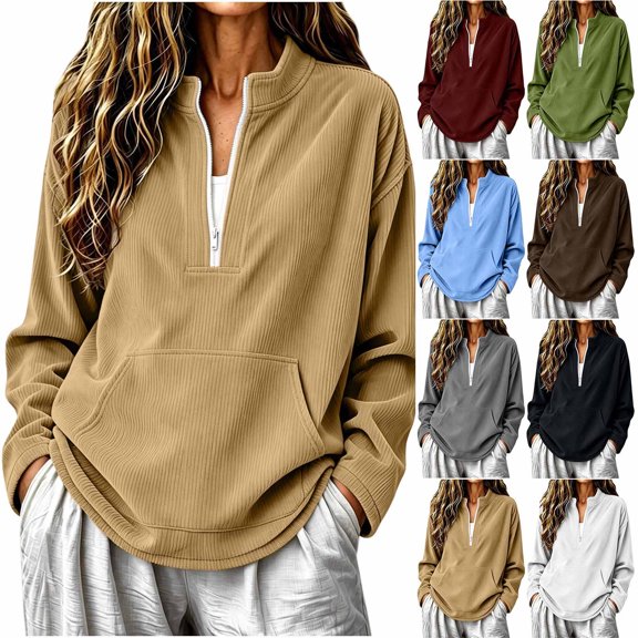 Lutiedan Oversized Sweatshirt for Women Half Zip Long Sleeve Corduroy Sweatshirt Fall Casual Pullover Shirts with Pocket S-XXL
