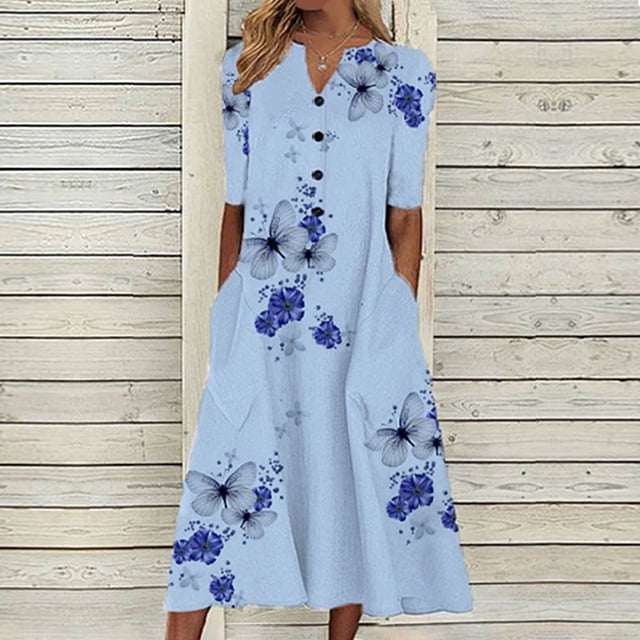 Robe de Plage Femme Décontractée à Manches Courtes Robes Taille Empire Robe sous le Genou Poches
