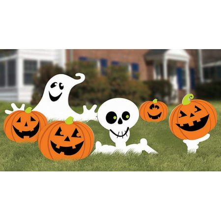 Family Friendly Skeleton and Ghost Corrugate Yard Stake Signs Halloween Trick or Treat Party Outdoor Decoration, Plastic, 20