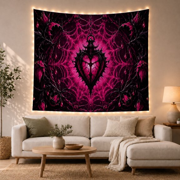 Heart Lantern on Thorny Vines Against Magenta Background Mysterious Gothic for Teen Girls Dark Fantasy Art Decor, Halloween Gift Tapestry Wall Hanging for Bedroom and Living Room