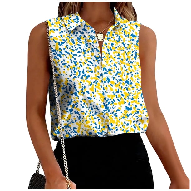 TaTaai Lapel Printed Top Wrinkle-Resistant Soft Women's Fashion Button Front Sleeveless Short Sleeve Loose Summer Casual Office Blouse Gift
