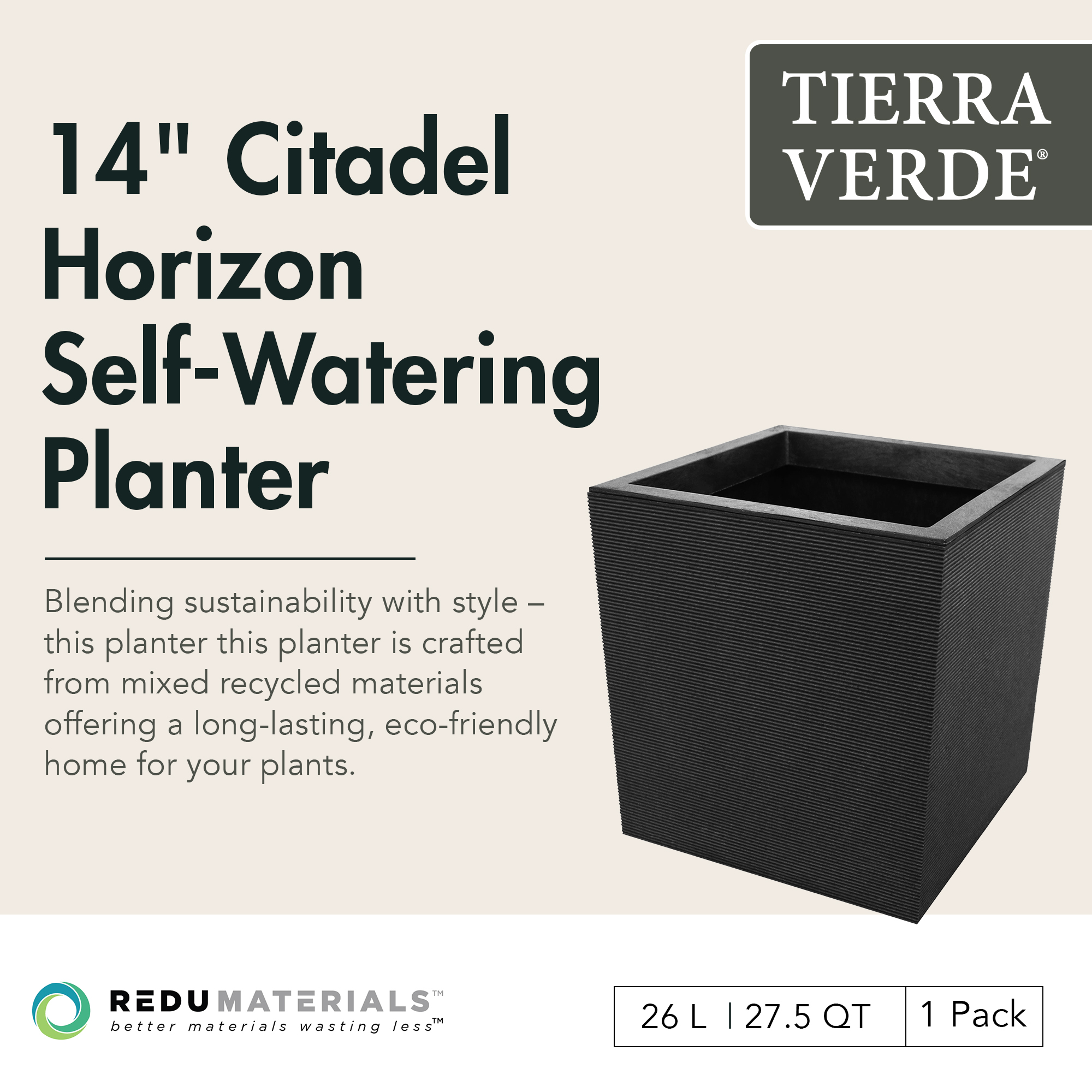 Tierra Verde Citadel Horizon Self Watering Square Planter 13.5"W x 14"H"