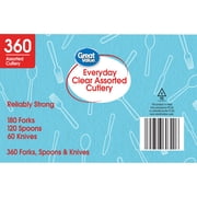 Great Value Everyday Plastic Disposable Assorted Cutlery Set, Clear, 360 Count