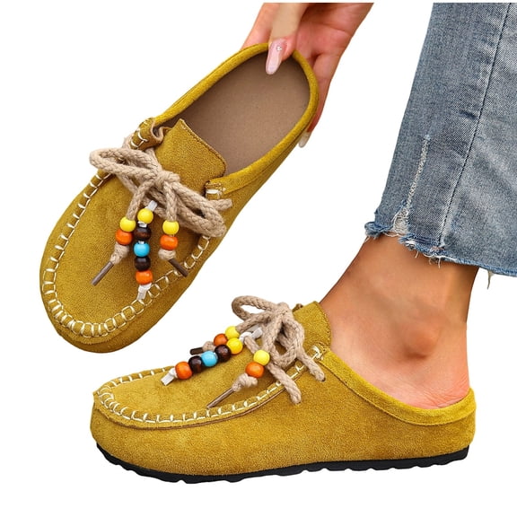 Xfvqtps Womens Moccasin Shoes Beaded Ethnic Style Flat Shoes Casual Comfortable Slip on Shoes with Soft Sole Yellow