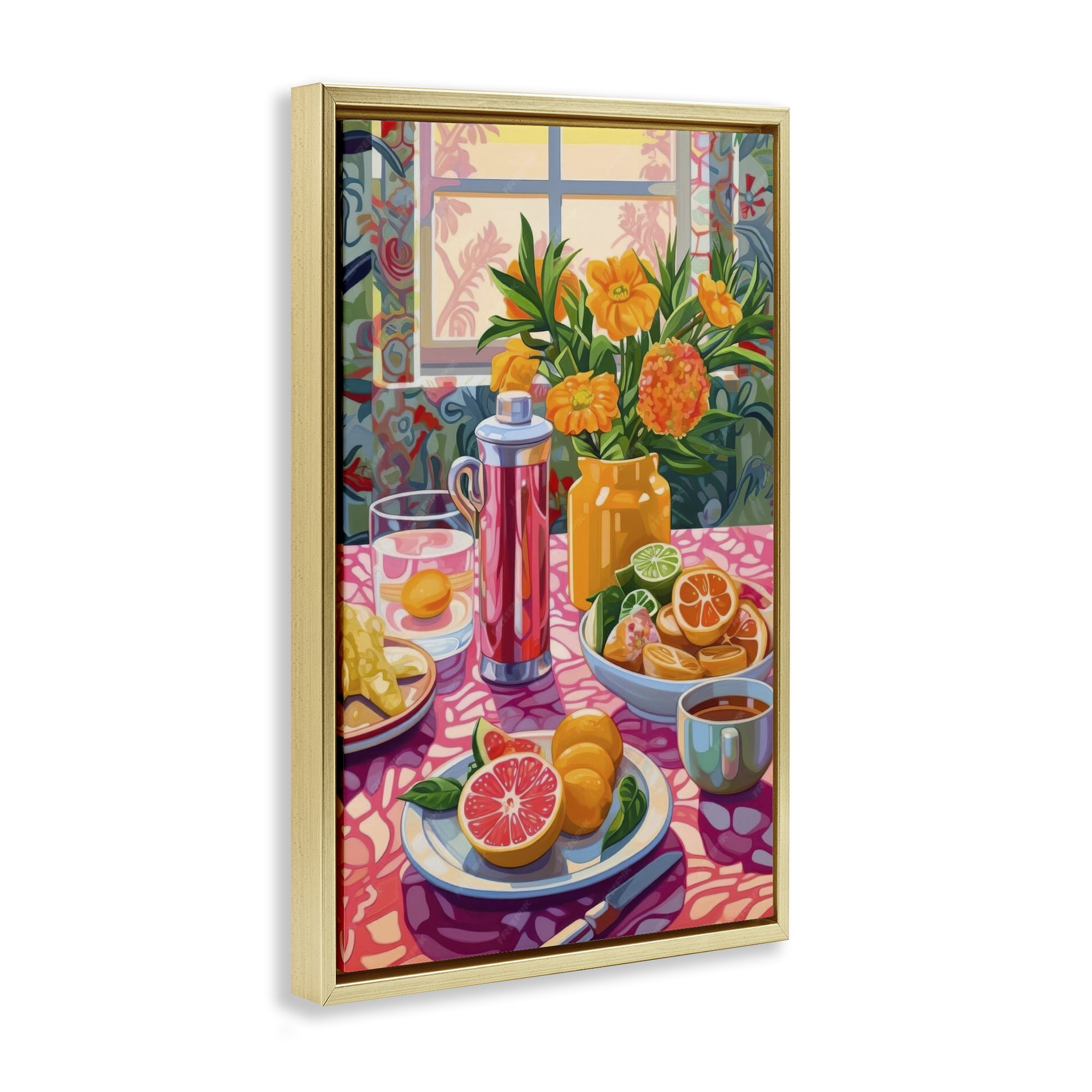 Stupell Industries Summer Table Spread Food & Beverage Painting Gold Floater Framed Canvas Art Print Wall Art, 21 x 31