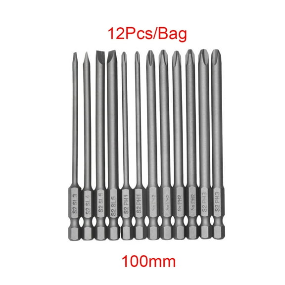 12pcs/set Alloy Steel S2 Slotted Phillips Screwdriver Drill Bits Magnetic for Head 100mm for Extra Long