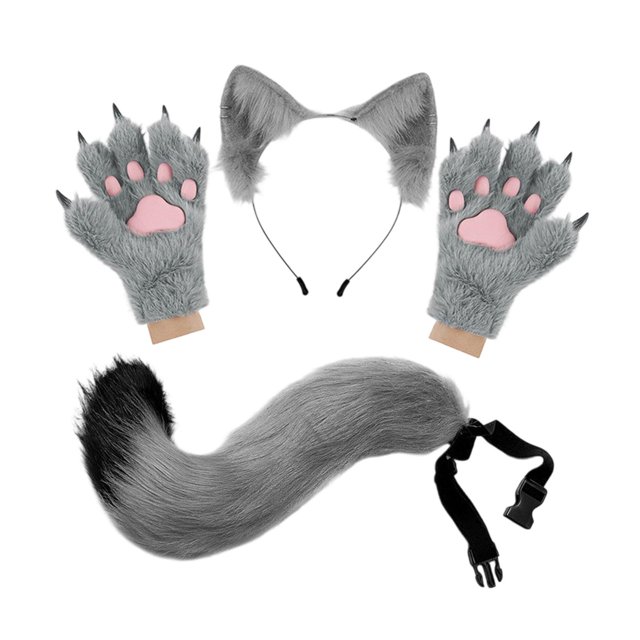 Conjunto de diadema con orejas de animal, cola y guantes para disfrazarse y decorar para cumpleaños Gris