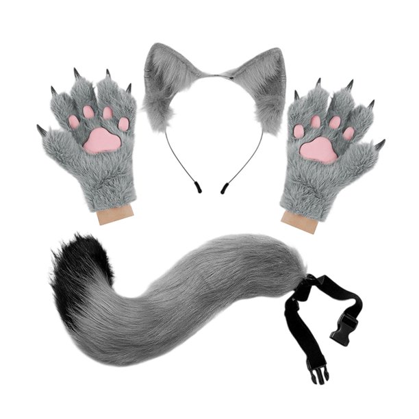 Conjunto de diadema con orejas de animal y guantes de cola para disfrazarse de una hermosa cola larga para fiestas temáticas. Gris