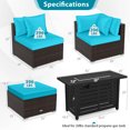 thumbnail image 3 of Gymax Set of 5 Patio Furniture Set Heavy-duty Frame Rattan Sofa Set w/ 60000 BTU Firepit Table Turquoise, 3 of 7