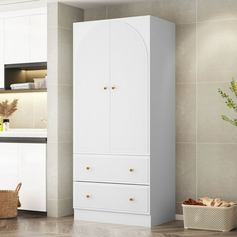 Wirrytor Wood 2 Doors with 2 Storage Drawers Freestanding Armoire Wardrobe Clothing Rod Large Capacity Wardrobe Cabinet White