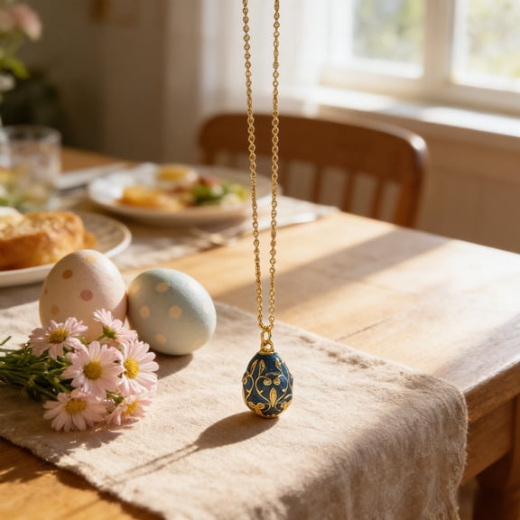 Staron Vintage Easter Egg Pendant Necklace, Refined Enamel Zircon Floral Egg Jewelry with Gold Chain, Spring Holiday Gift for Women Birthday Party Fashion Accessory, Blue