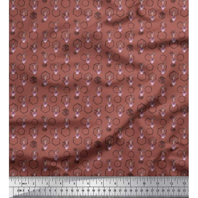 Soimoi Brown Poly Georgette Fabric Hexagon,Conical Pot & Cactus Tree Print Fabric by the Yard 52 Inch Wide