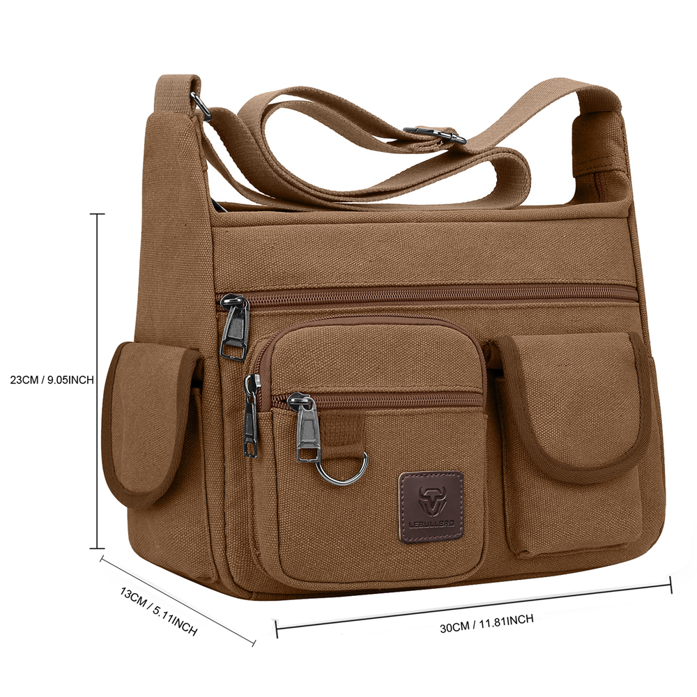 LEBULLBRO Canvas Messenger Bag for Mens Womens Multi-pockets 13 inch Laptop Shoulder Sling Bags School Crossbody Bags Travel Brown
