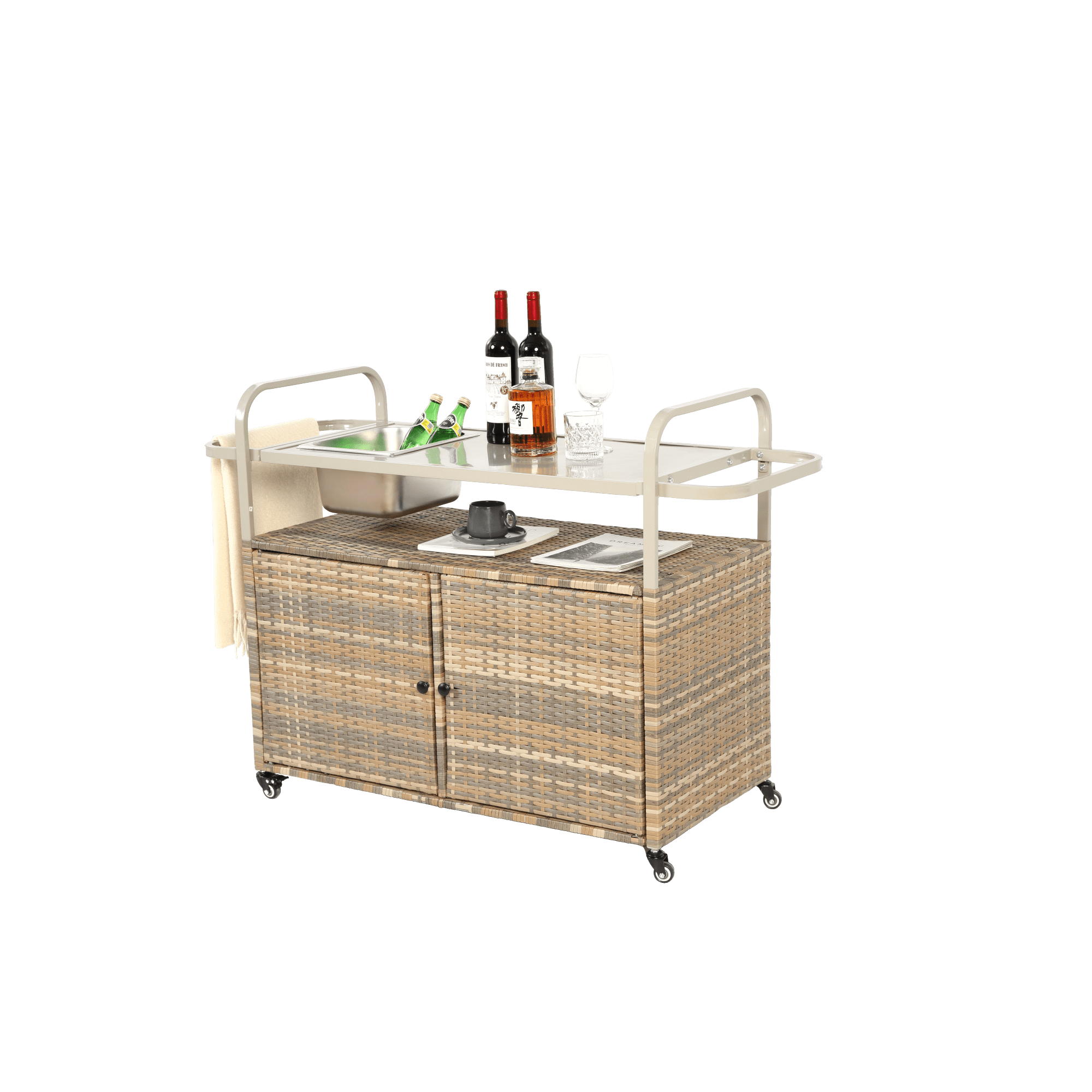 Outdoor Bar Cart,Wicker Bar Table Cart with Cabinet,Patio Serving Cart with Steel Top, Ice Bucket,Lockable Wheels, Side Basket for Garden, Poolside & Backyard,Beige