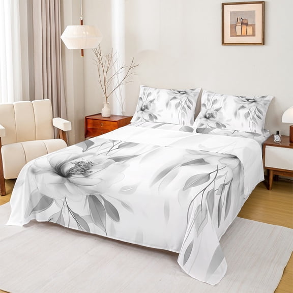 jejeloiu Rustic Flower Leaf Twin Sheet Sets,Watercolor Ink Painting Twin Fitted Sheet,Gray White Flat Sheet For Girls Kids,Microfiber Bedroom Decor,3-Piece