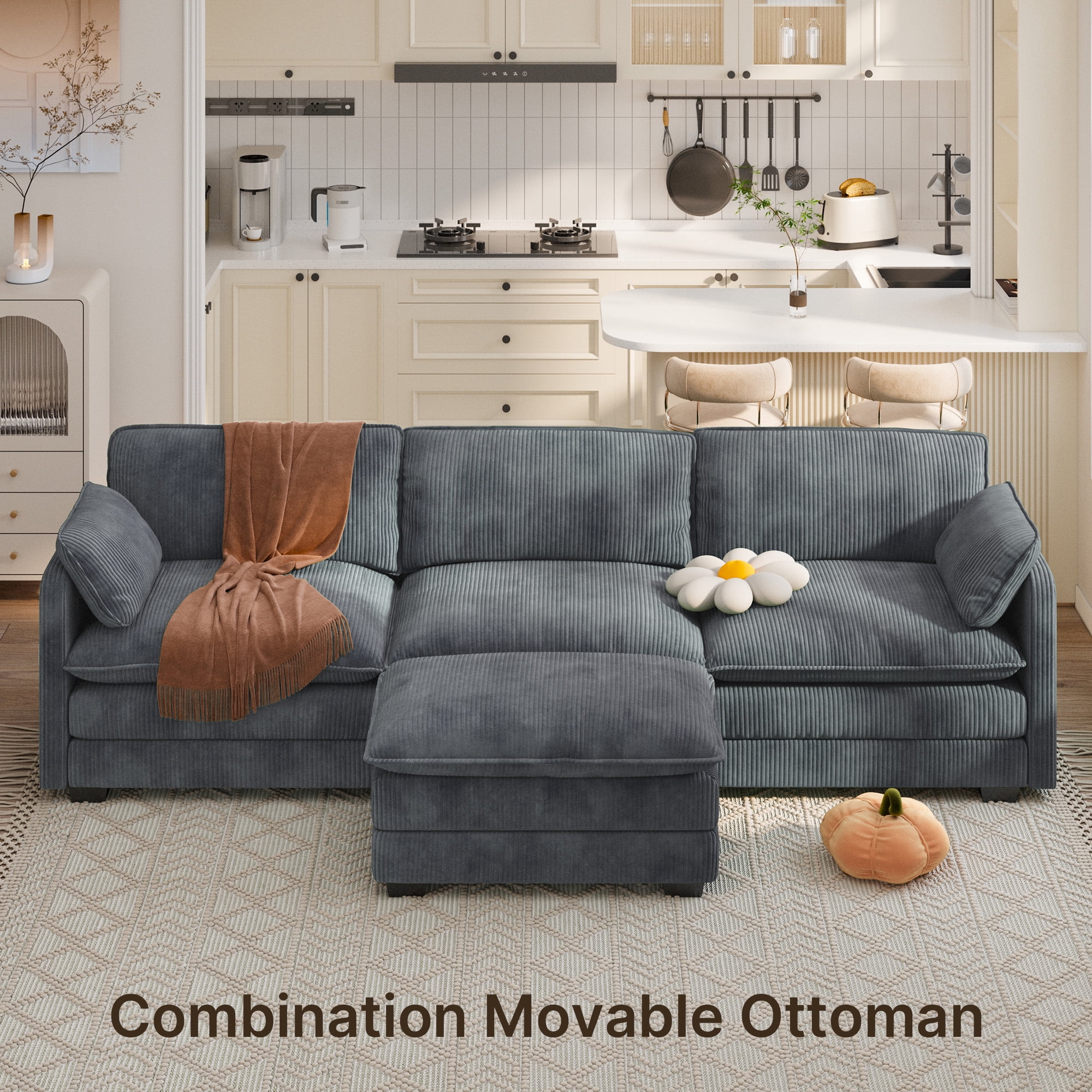 Lofka Modular Sectional Sofa Bed with Double Layer Cushions and Movable Ottoman, Modern Comfy Cloud Couch for Living Room, DIY Combination, Dark Gray